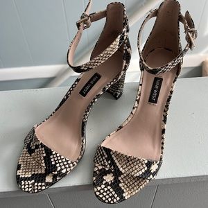 Nine West snake print block strapped heels